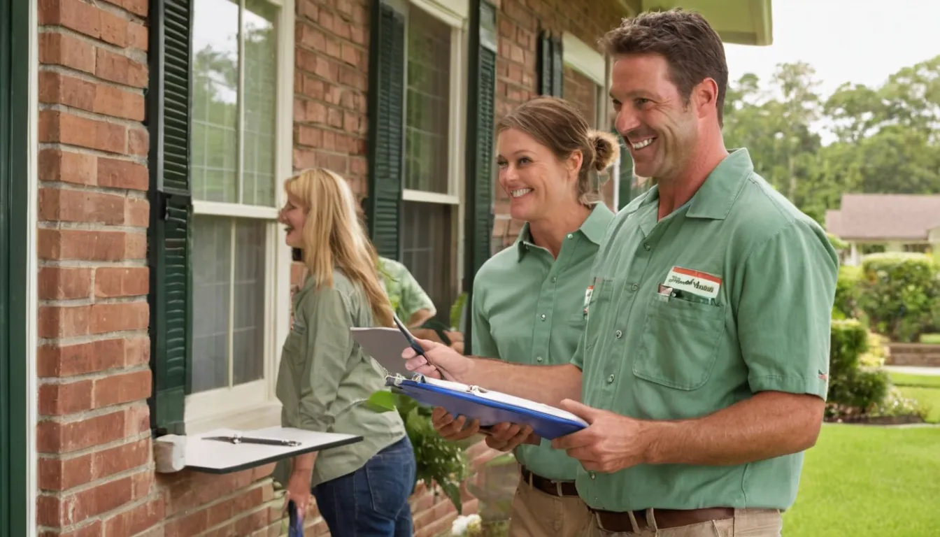 A homeowner in New Berlin talking with a friendly pest control provider at the front door of a brick bungalow